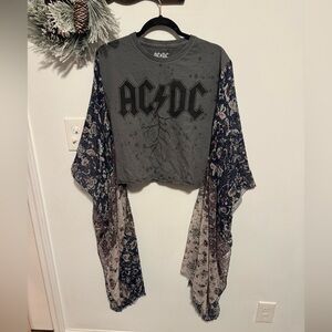 Handmade AC/DC Charcoal Crop Top with Navy Floral Kimono Sleeves